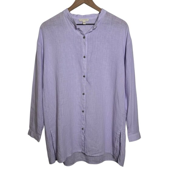 Eileen Fisher XS Handkerchief Organic Linen Shirt Wisteria Button Minimalist - Picture 2 of 11